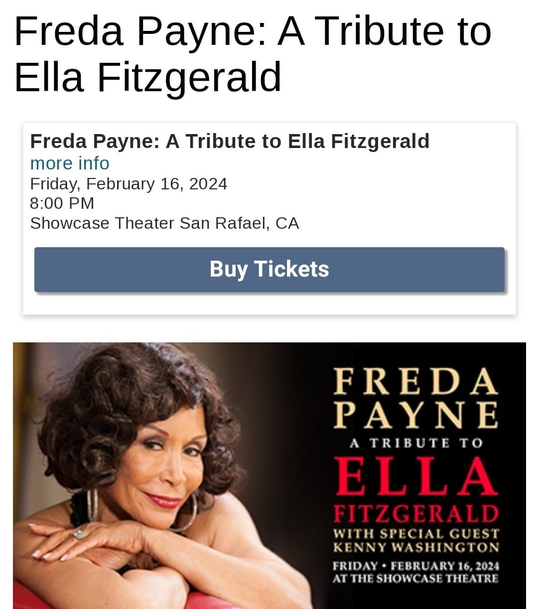 Freda Payne performing soulful tribute to Ella Fitzgerald at Marin Center